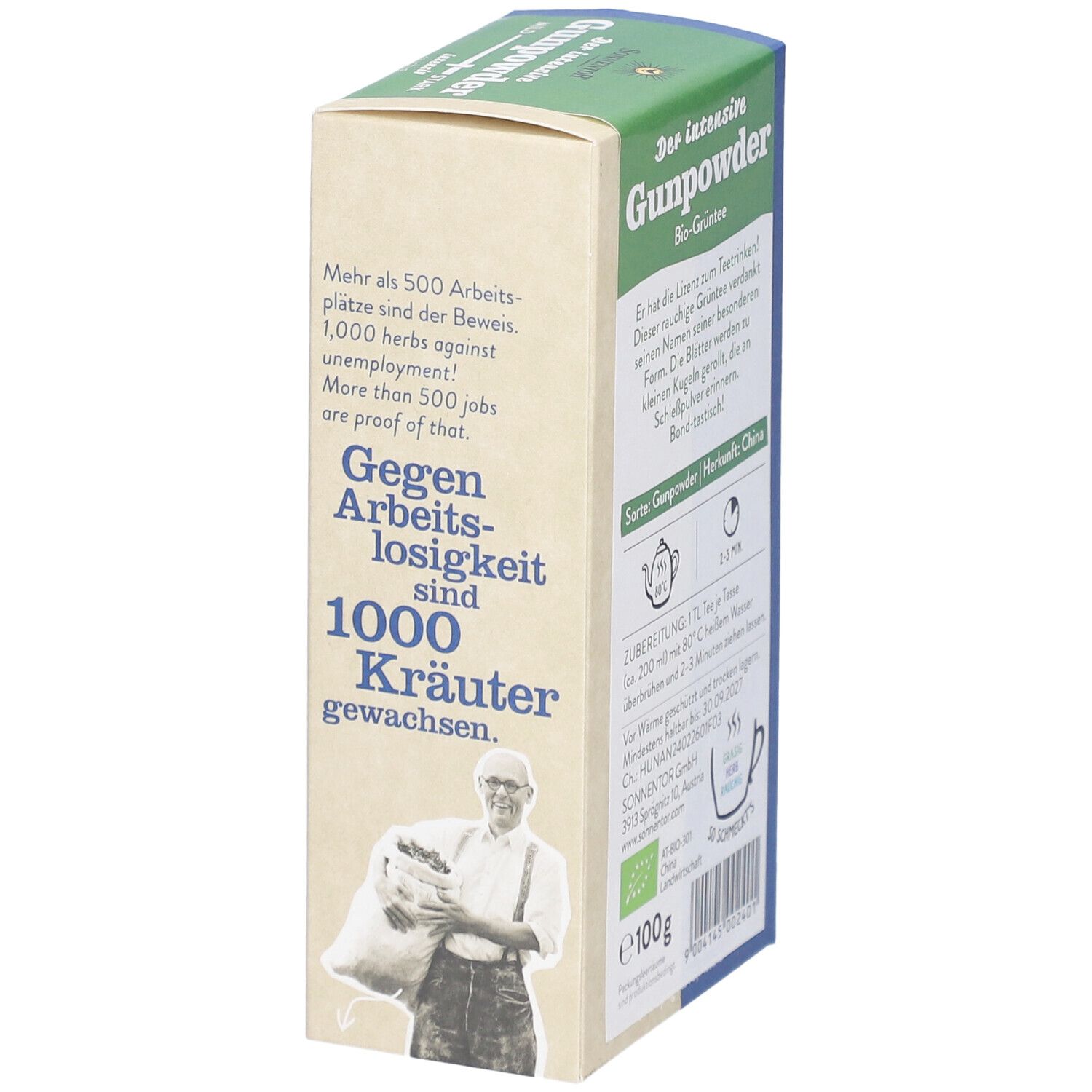 Seitenansicht der Tee-Verpackung mit Text über die Marke und Bio-Zertifizierung. 100g Packung.