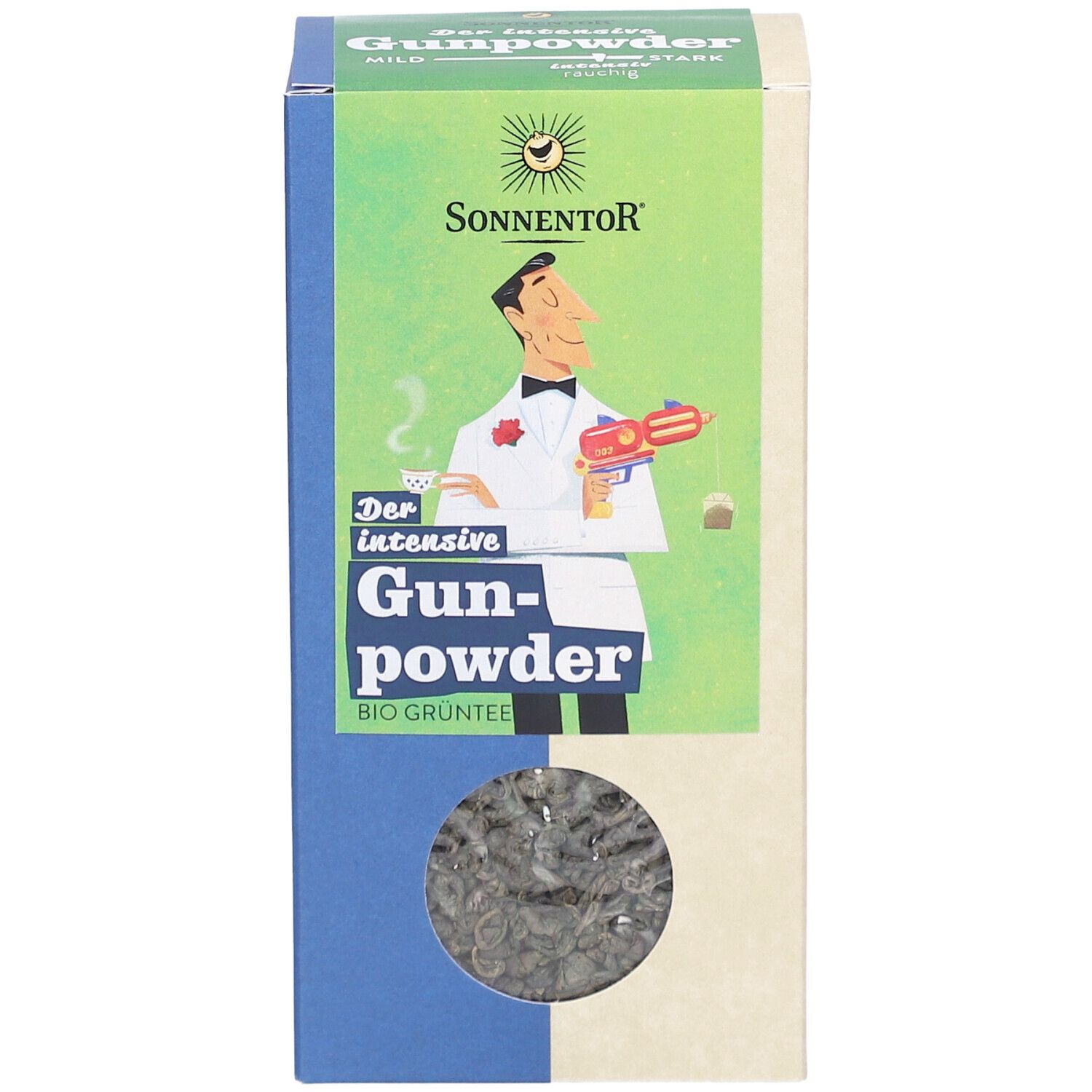 Vorderansicht der Tee-Verpackung. SONNENTOR® Logo und Produktname Gunpowder. Sichtfenster mit grünen Teeblättern.