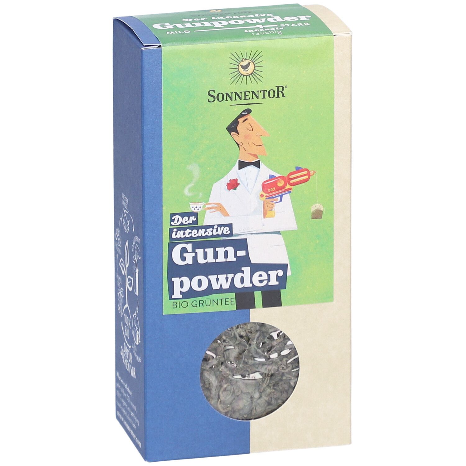 Vorderansicht der Tee-Verpackung. SONNENTOR® Logo und Produktname Gunpowder. Sichtfenster mit grünen Teeblättern.