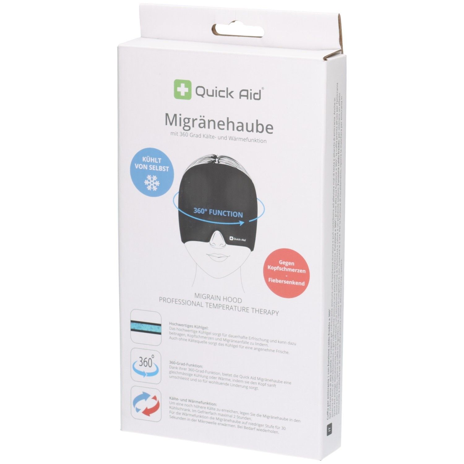 Verpackung der Quick Aid Migränehaube mit 360° Kälte-Wärmefunktion. Zeigt eine Abbildung der Haube.