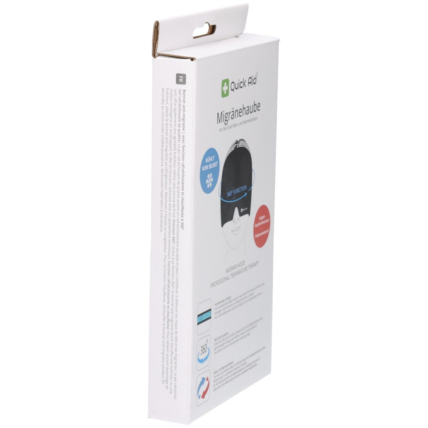 Seitenansicht der Verpackung der Quick Aid Migränehaube. Enthält Anwendungshinweise.