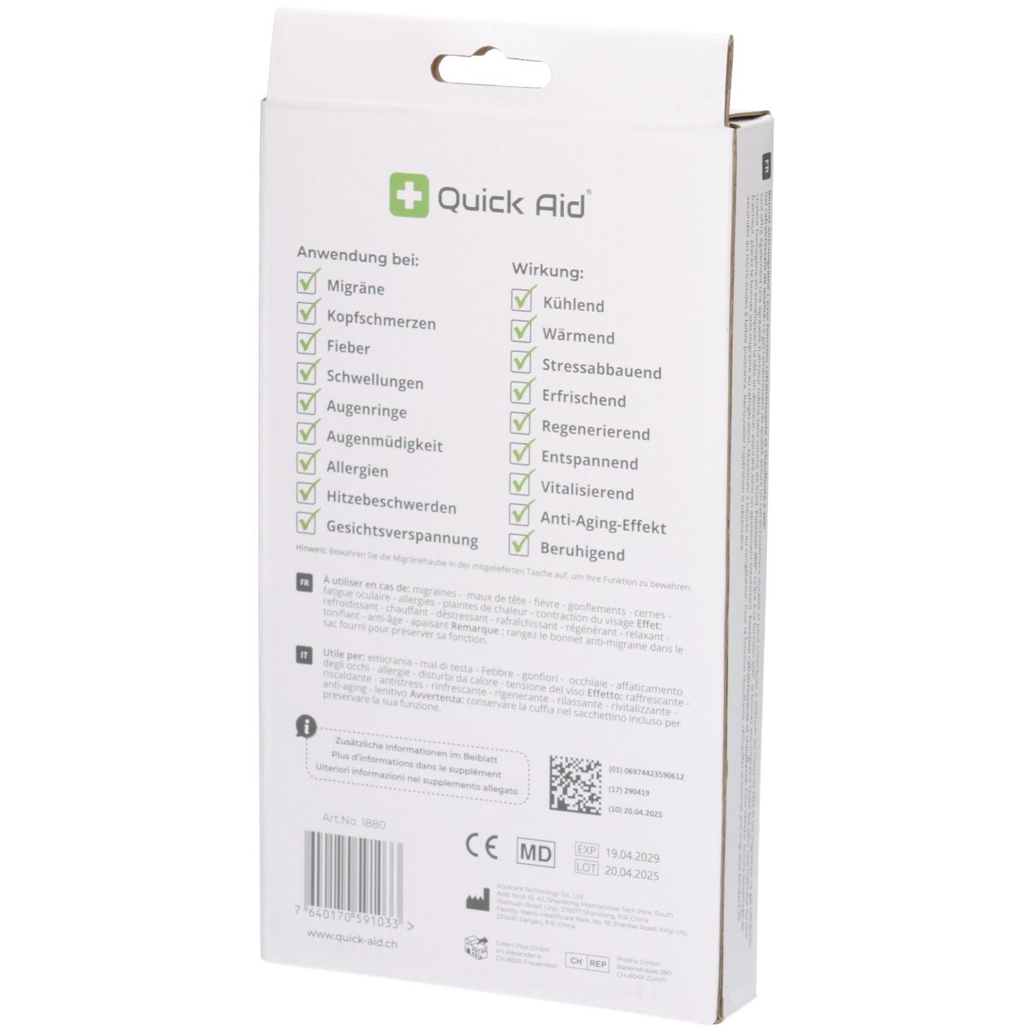 Rückseite der Verpackung der Quick Aid Migränehaube. Listet Anwendungen und Wirkungen auf.