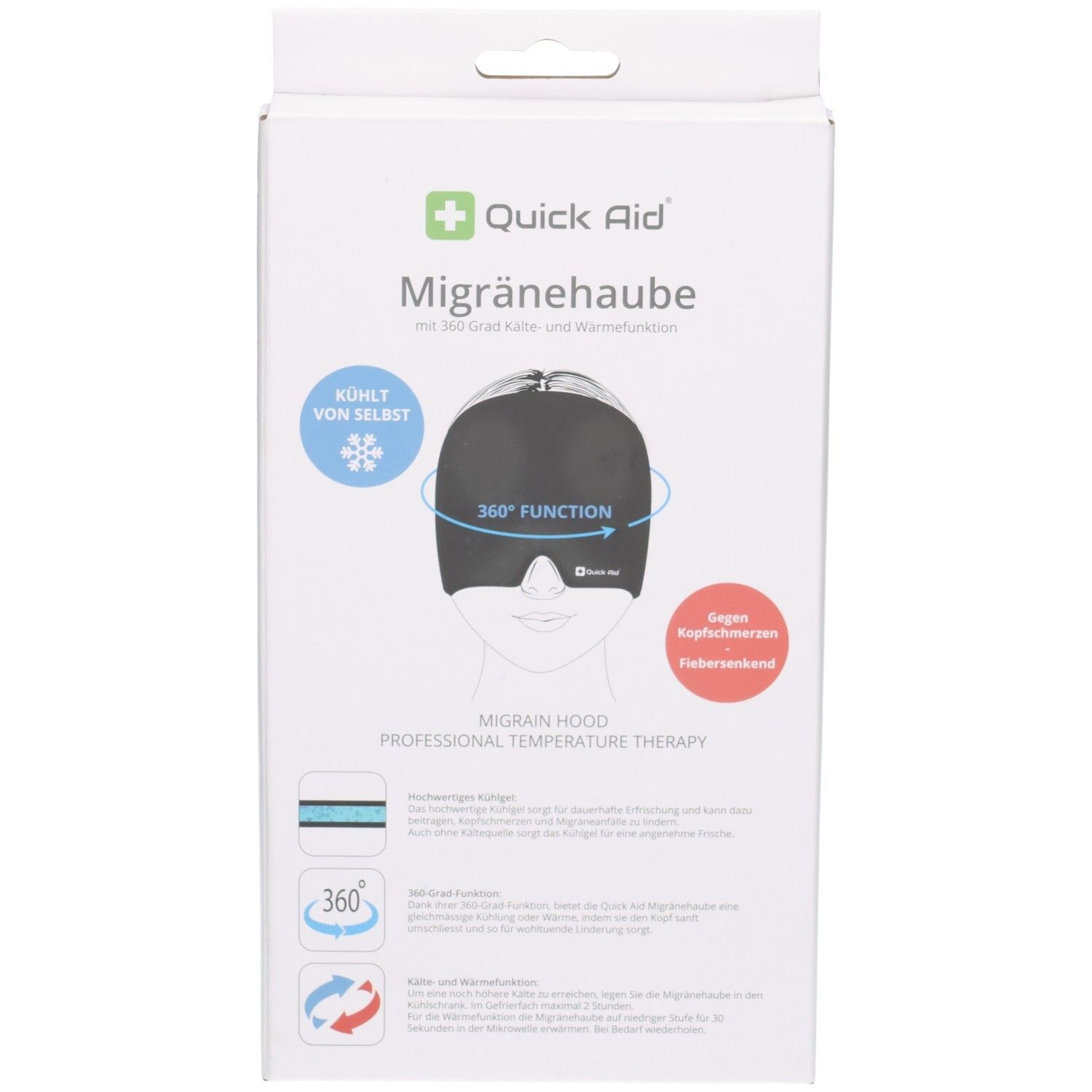 Vorderseite der Verpackung der Quick Aid Migränehaube. Zeigt die Haube und ihre 360° Funktion.