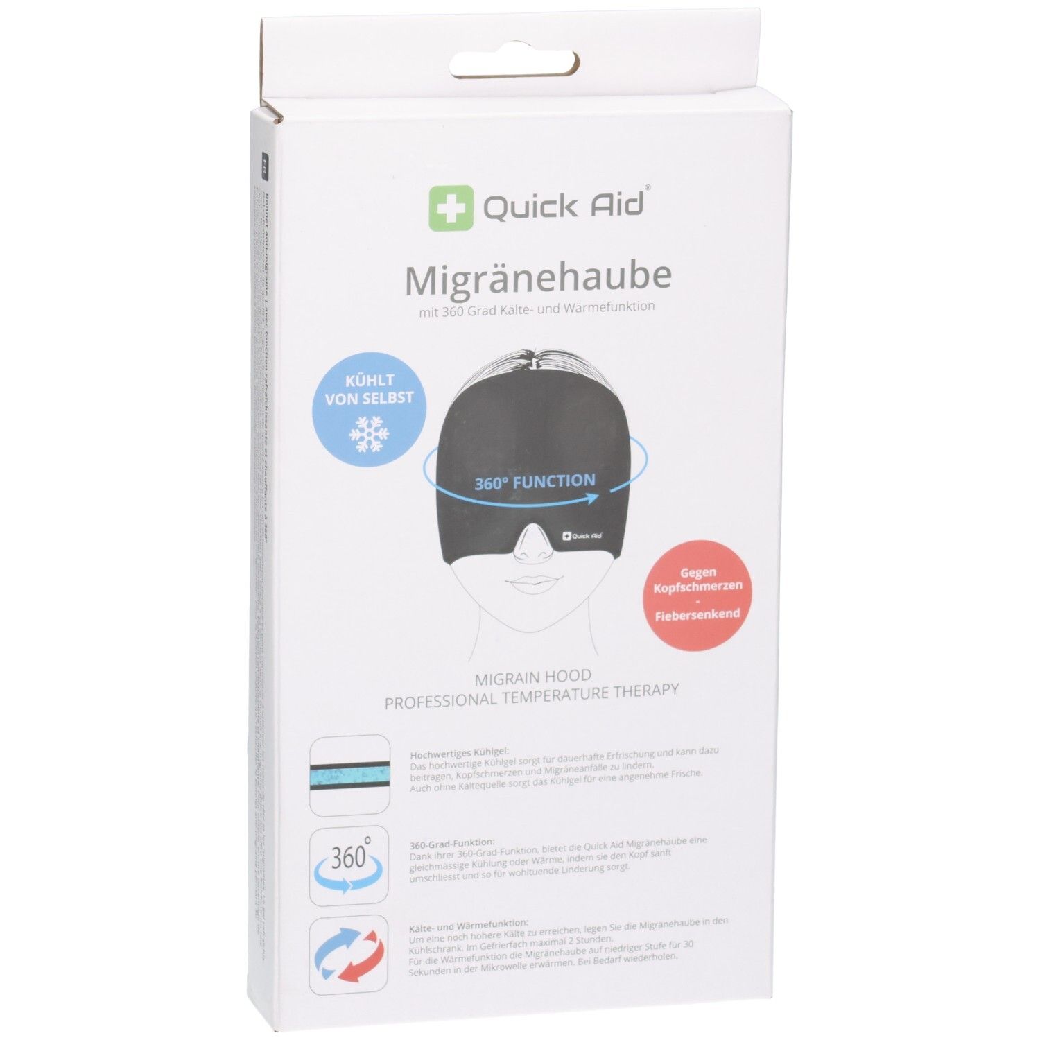 Verpackung der Quick Aid Migränehaube. Zeigt die Haube, die 360° Funktion und Kühl-/Wärmesymbole.