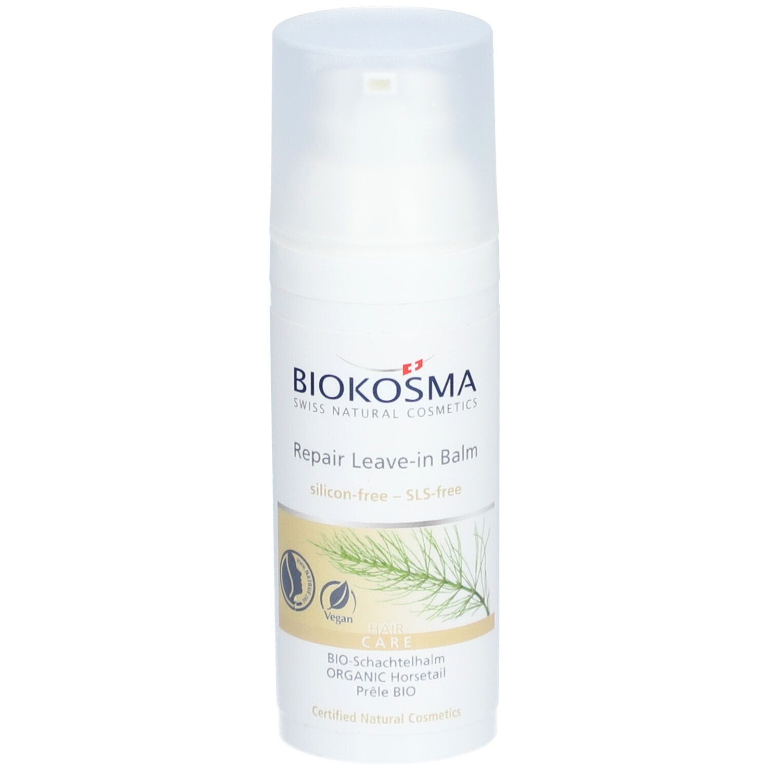 Flacon blanc avec pompe. Inscription: Biokosma, Repair Leave-in Balm, vegan, prêle bio.