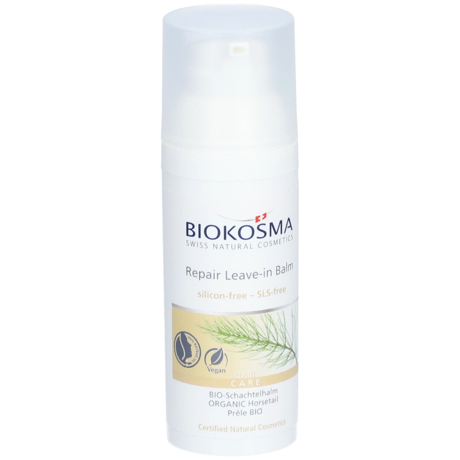 Flacon blanc avec pompe. Inscription: Biokosma, Repair Leave-in Balm, vegan, prêle bio.