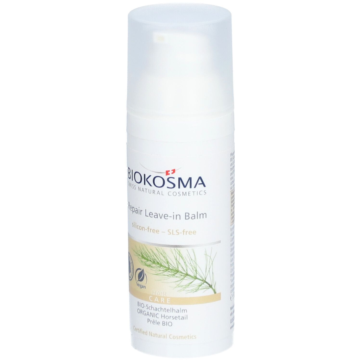 Flacon blanc avec pompe. Inscription: Biokosma, Repair Leave-in Balm, vegan, prêle bio.