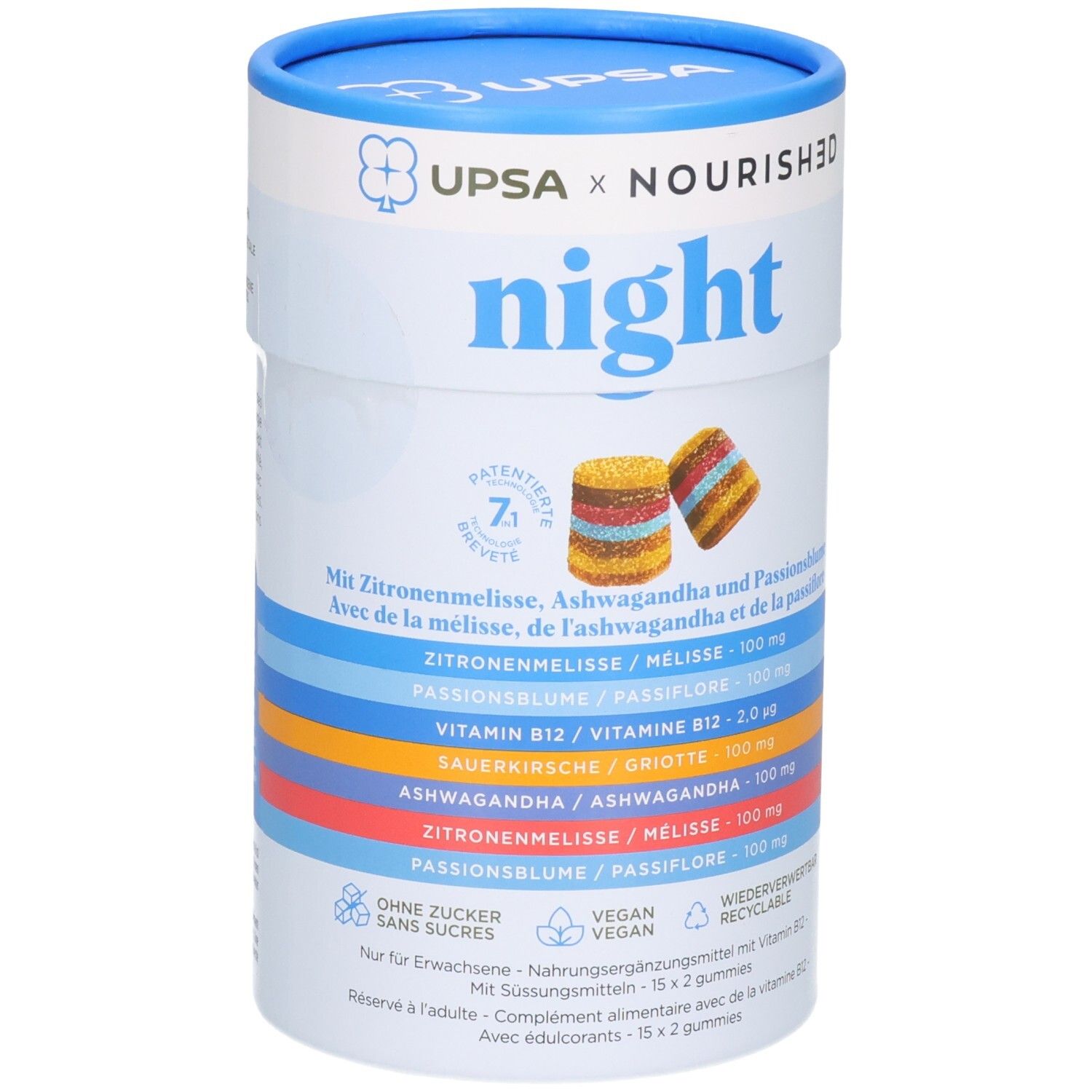 Runde Verpackung mit "UPSA X NOURISHED night" Aufschrift. Enthält Gummibärchen mit Zitrone, Melisse, Ashwagandha und Passionsblume.