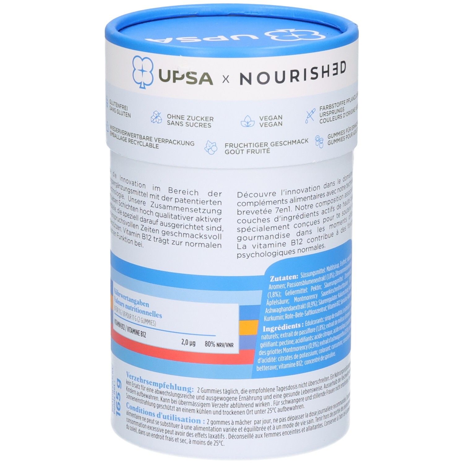Seitenansicht der "UPSA X NOURISHED night" Verpackung. Enthält Informationen zu Inhaltsstoffen und Nährwerten.