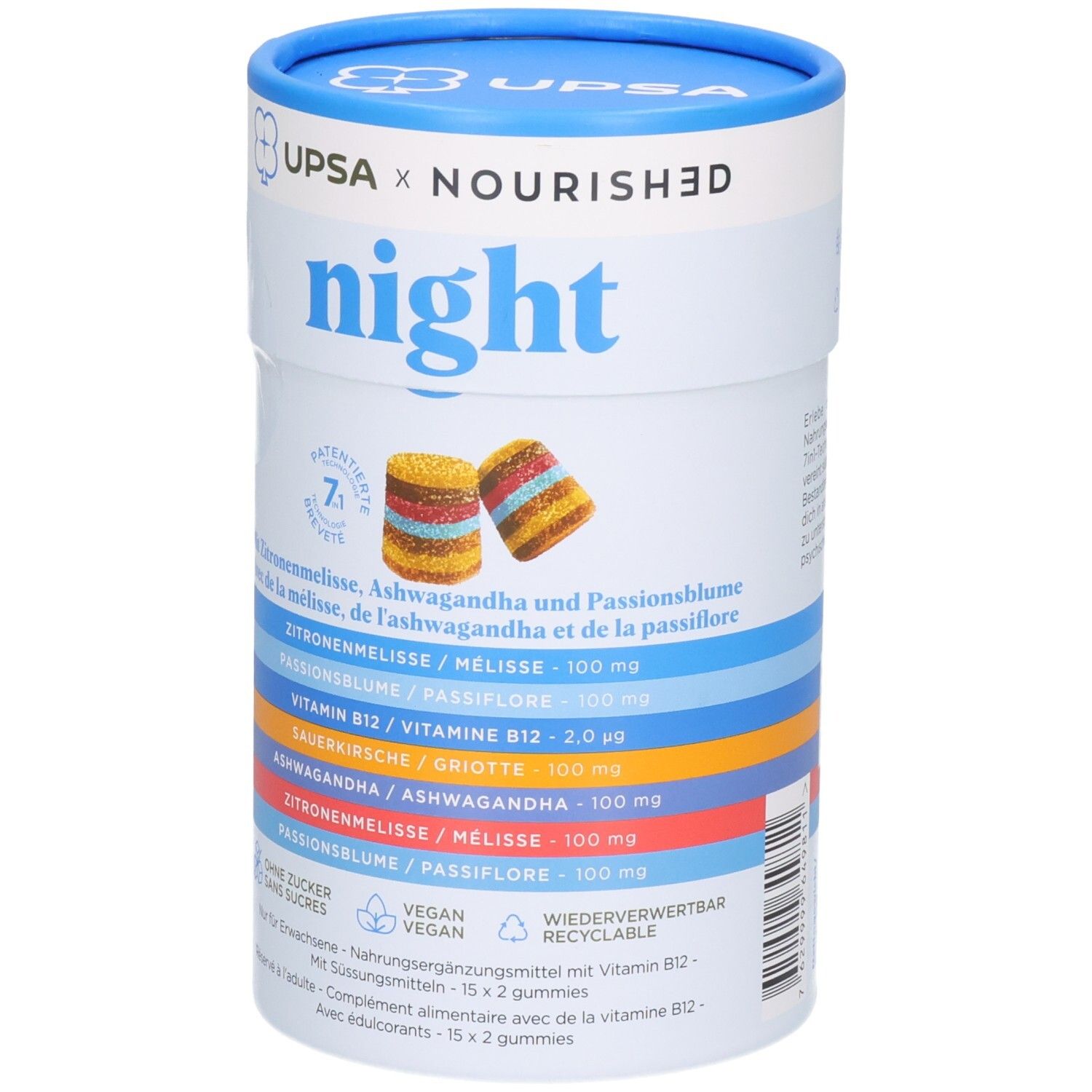 Vorderseite der "UPSA X NOURISHED night" Verpackung. Zeigt zwei Gummibärchen und die Liste der Hauptinhaltsstoffe.