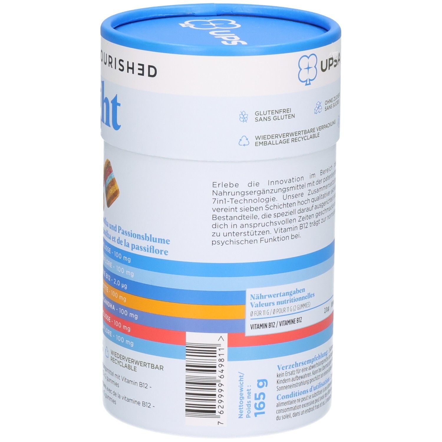Seitenansicht der "UPSA X NOURISHED night" Verpackung. Enthält Barcode und Informationen zur Zusammensetzung.