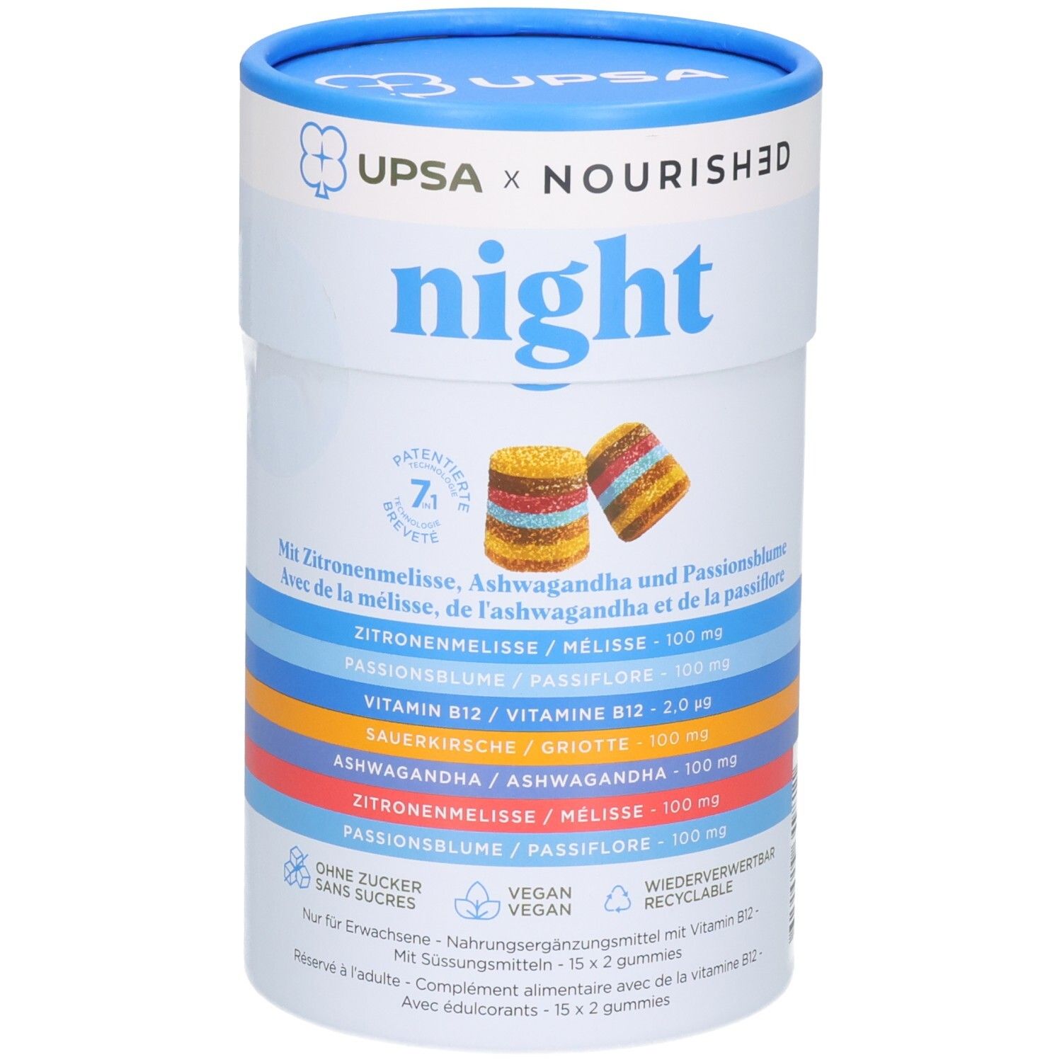 Vorderseite der "UPSA X NOURISHED night" Verpackung. Zeigt Gummibärchen und die Inhaltsstoffe wie Zitrone, Melisse, Ashwagandha.