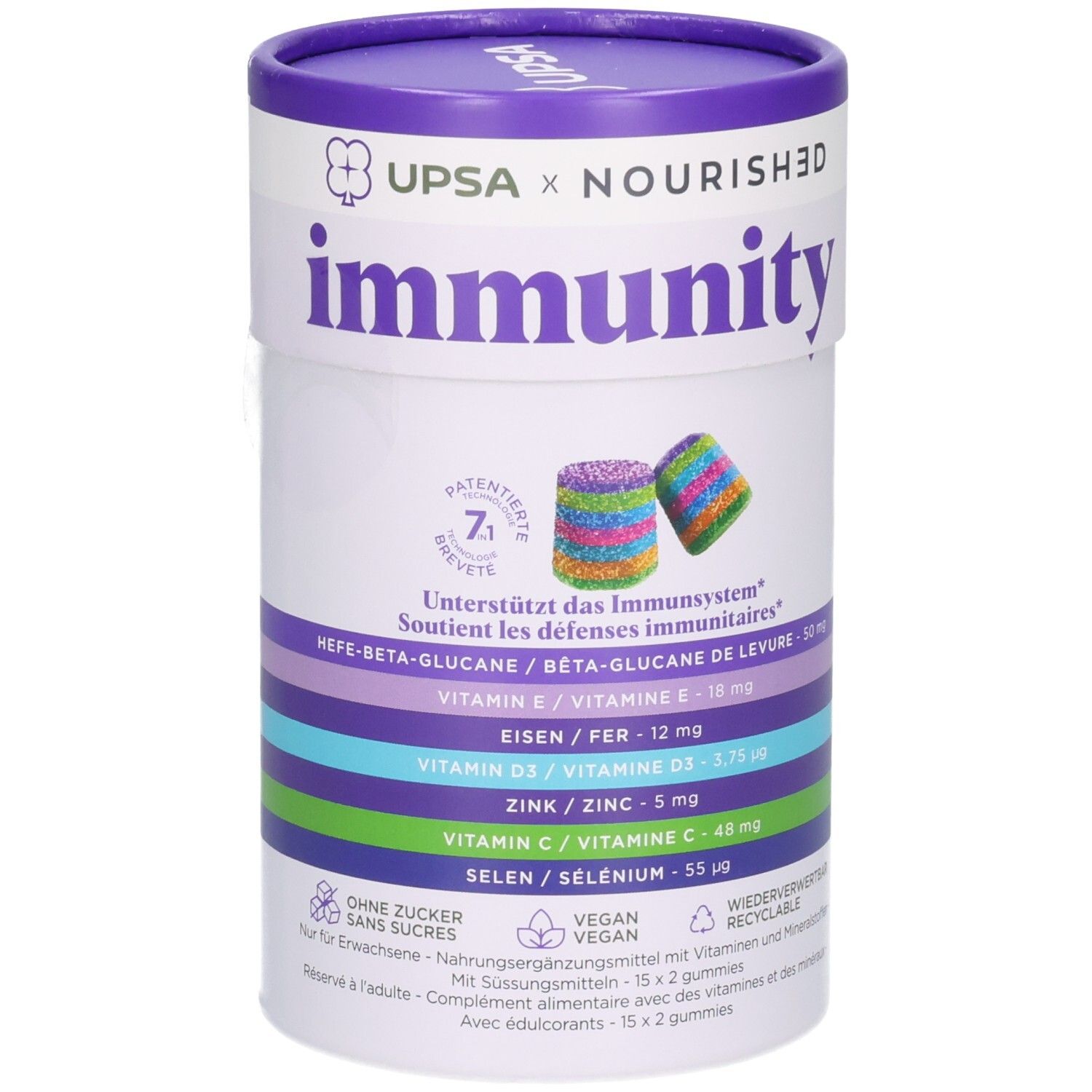 Runder Behälter mit Immunity Gummies. Enthält Vitamine E, D3, C, Eisen, Zink und Selen.