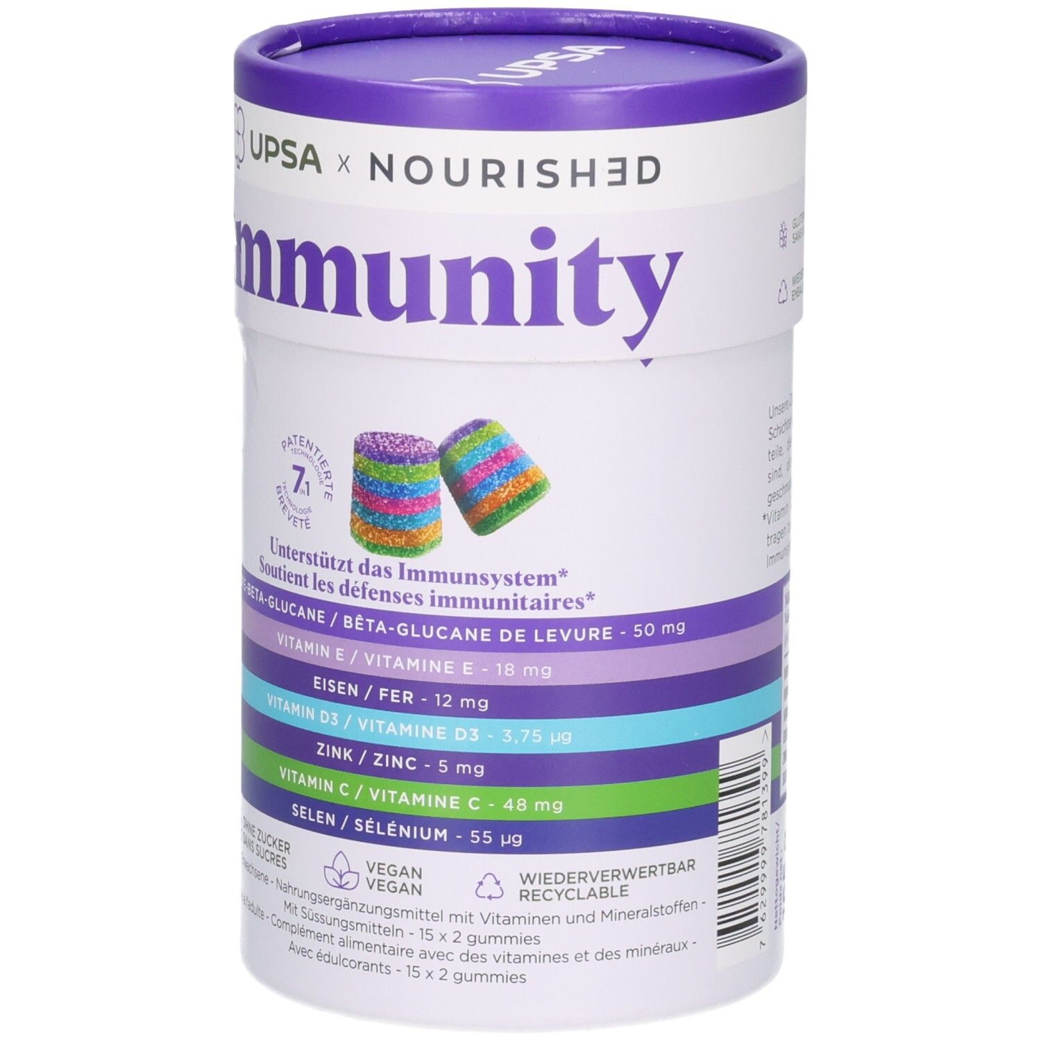 Runder Behälter mit Immunity Gummies. Vorderansicht mit Abbildung von zwei Gummis.