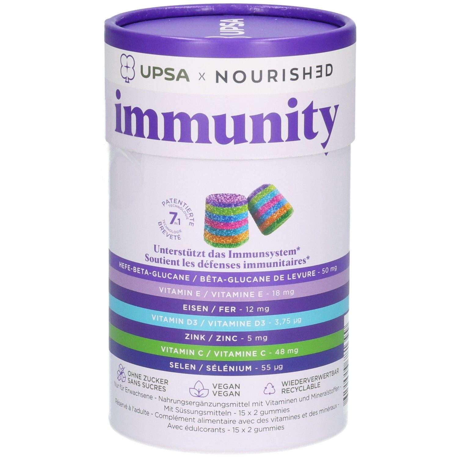 Runder Behälter mit Immunity Gummies. Vorderansicht mit Abbildung von zwei Gummis.