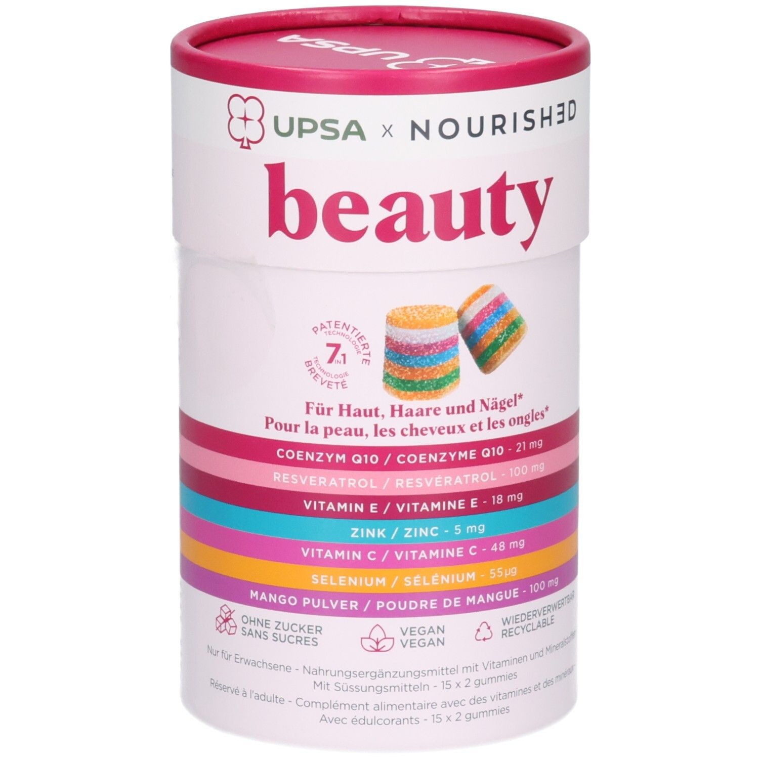 Récipient rond avec inscription 'beauty', contient des gommes pour la peau, les cheveux et les ongles.