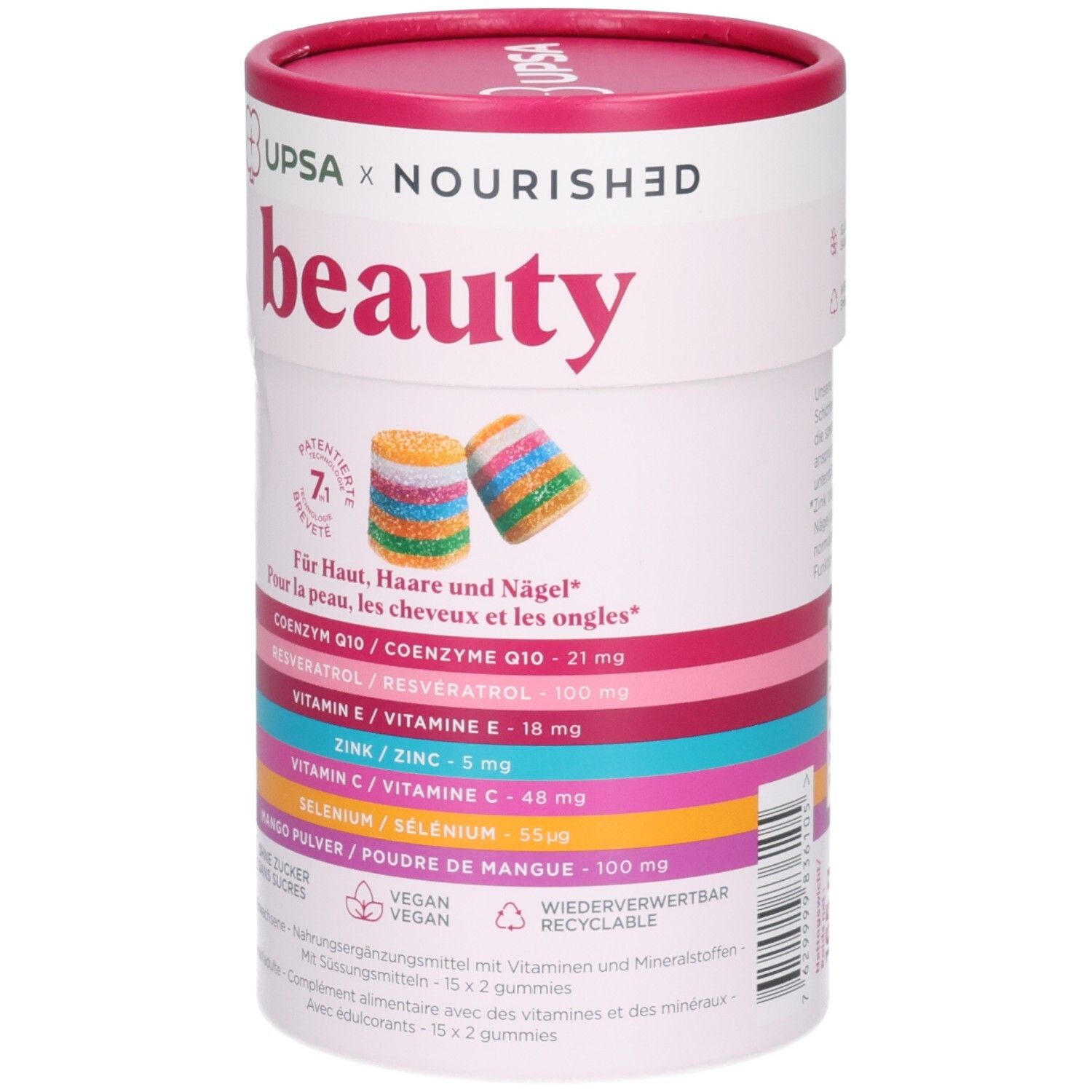 Récipient rond avec inscription 'beauty', montre des gommes et ingrédients pour peau, cheveux et ongles.