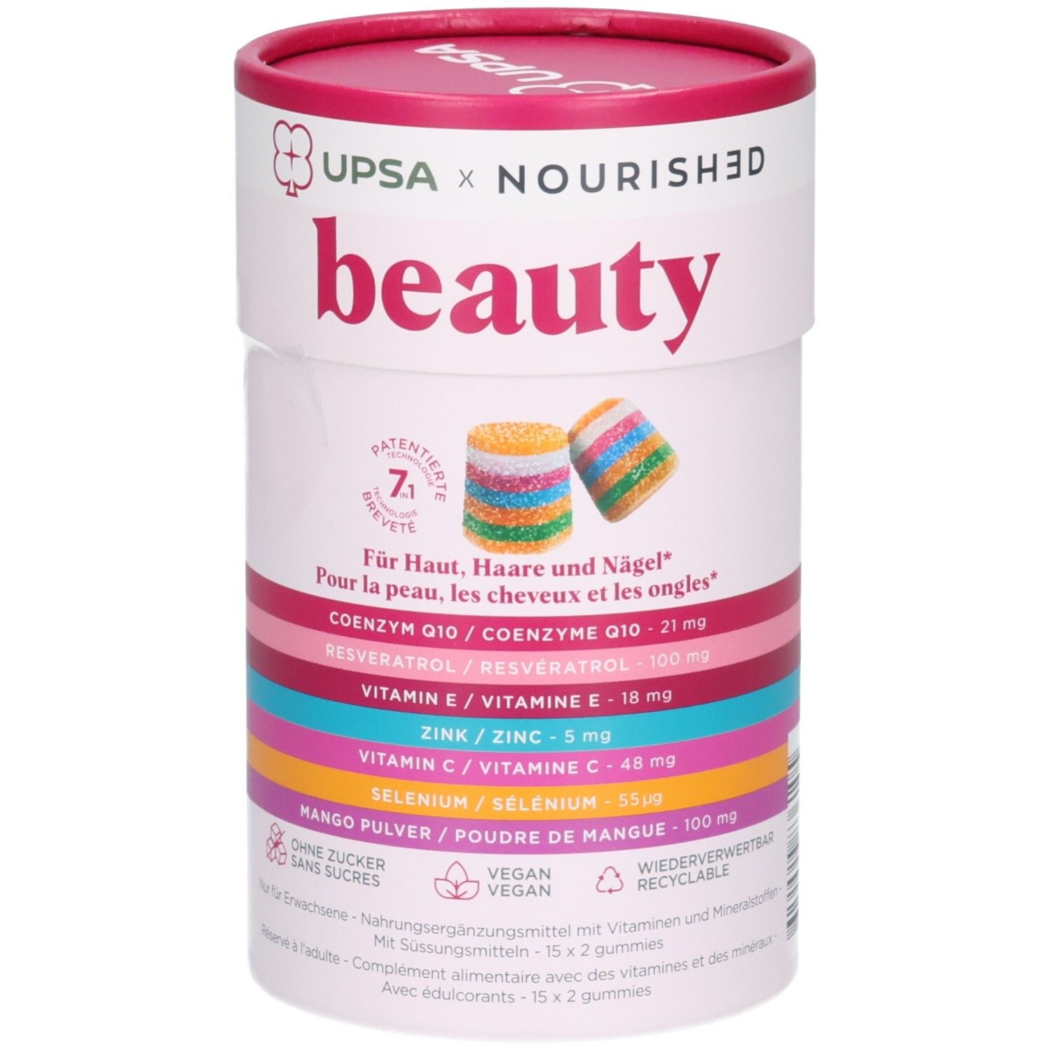 Récipient rond avec inscription 'beauty', montre des gommes et ingrédients pour peau, cheveux et ongles.