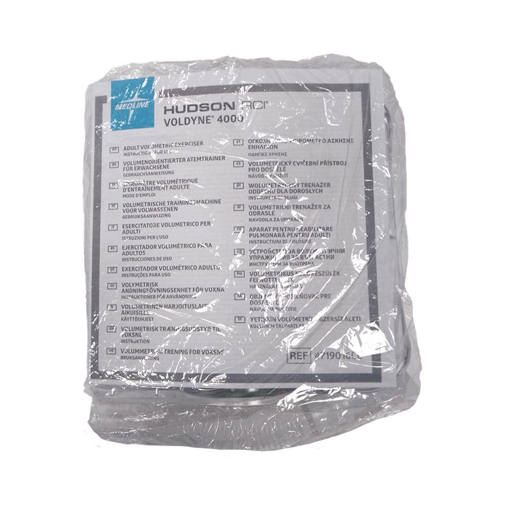 Verpackung mit Atemtrainer. Mehrsprachige Bedienungsanleitung. "HUDSON RCI" und "VOLDYNE 4000" sind sichtbar.