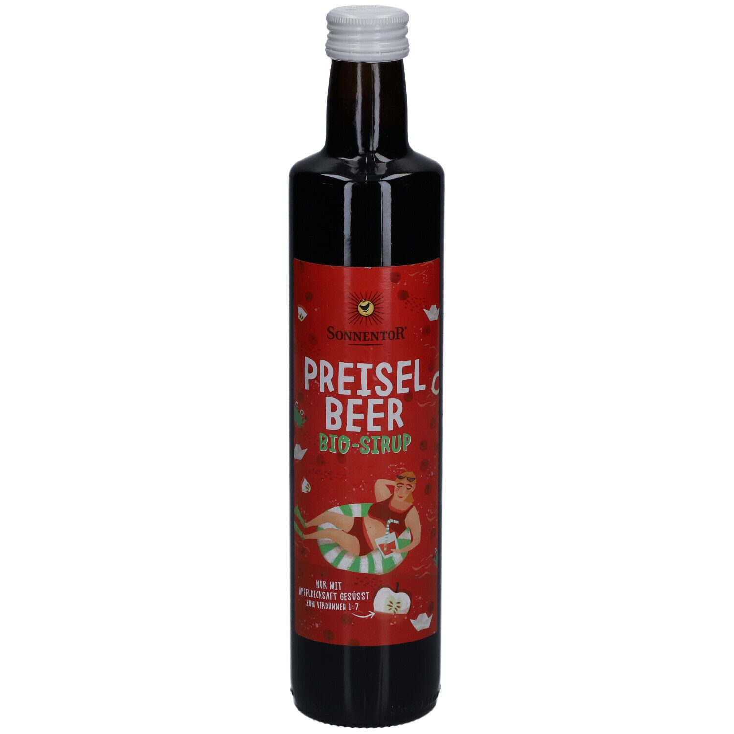 Braune Glasflasche mit weißem Deckel. Rotes Etikett mit Text und Illustration. Aufschrift: PREISELBEER BIO-SIRUP.