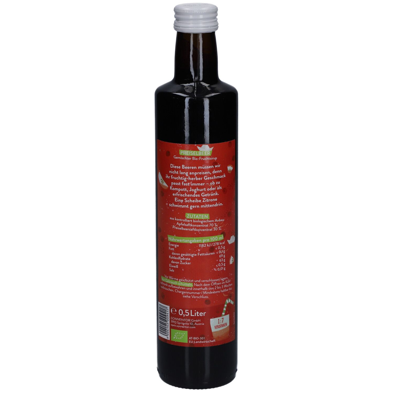 Braune Glasflasche mit rotem Etikett. Text und Nährwertangaben auf dem Etikett. Rückansicht der Flasche.