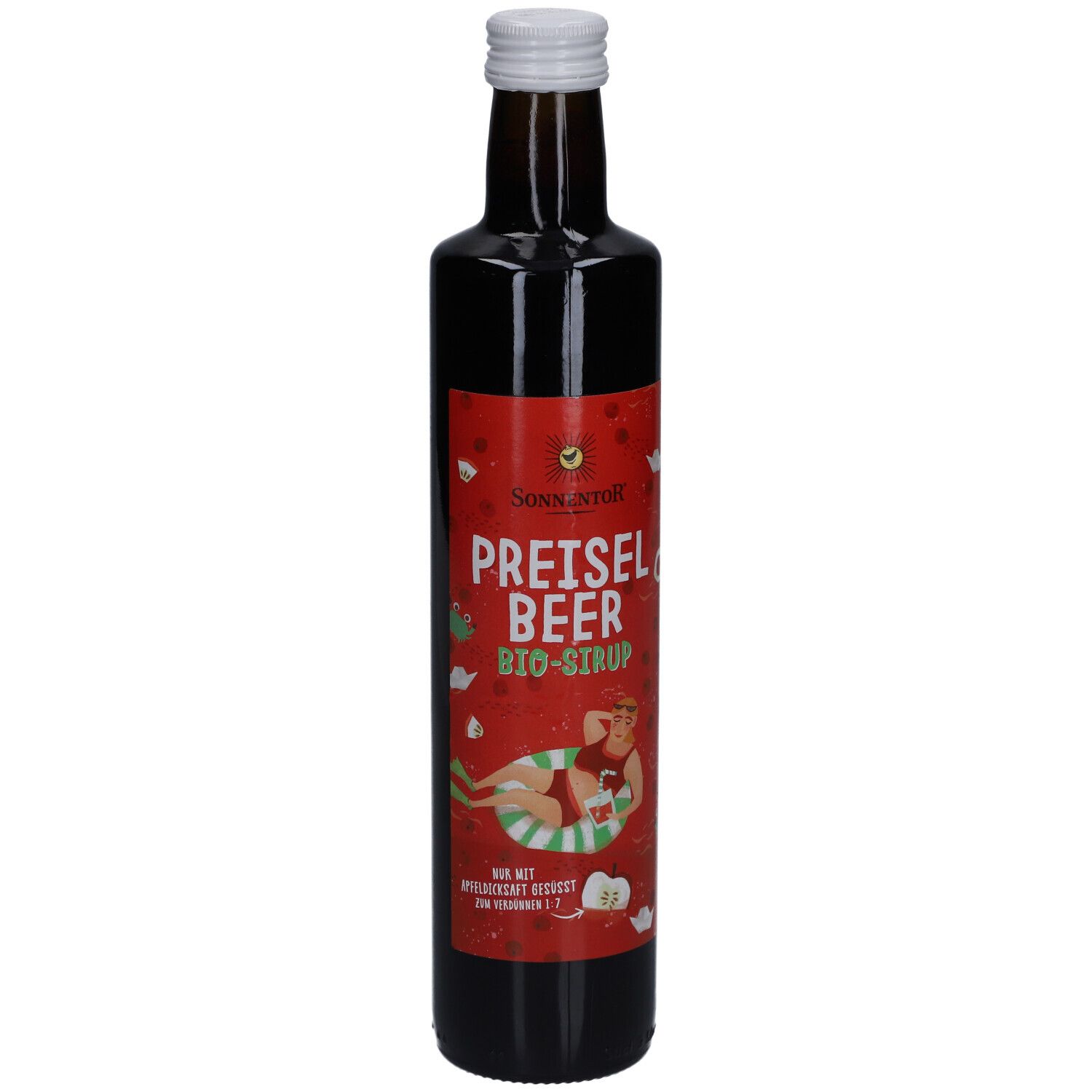Braune Glasflasche mit weißem Deckel. Rotes Etikett mit Text und Illustration. Aufschrift: PREISELBEER BIO-SIRUP.