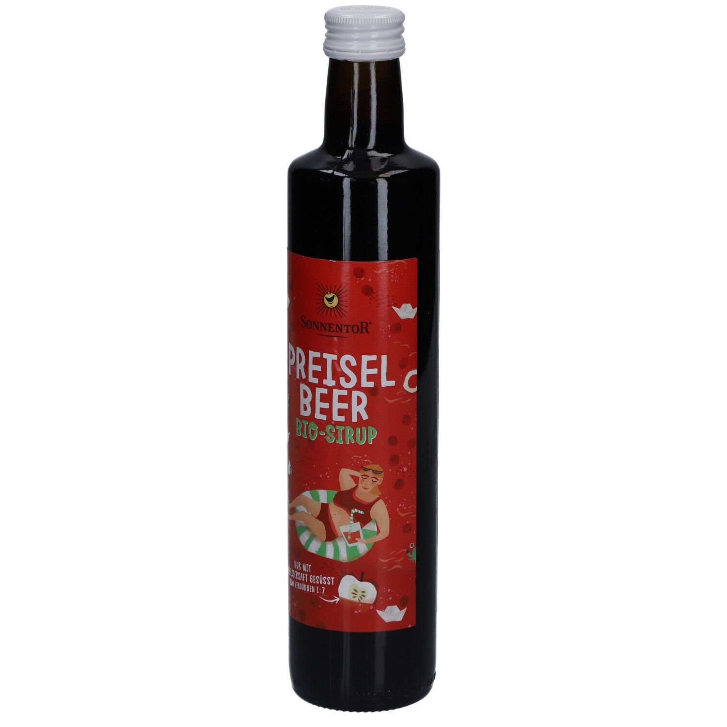 Braune Glasflasche mit weißem Deckel. Rotes Etikett mit Text und Illustration. Aufschrift: PREISELBEER BIO-SIRUP.