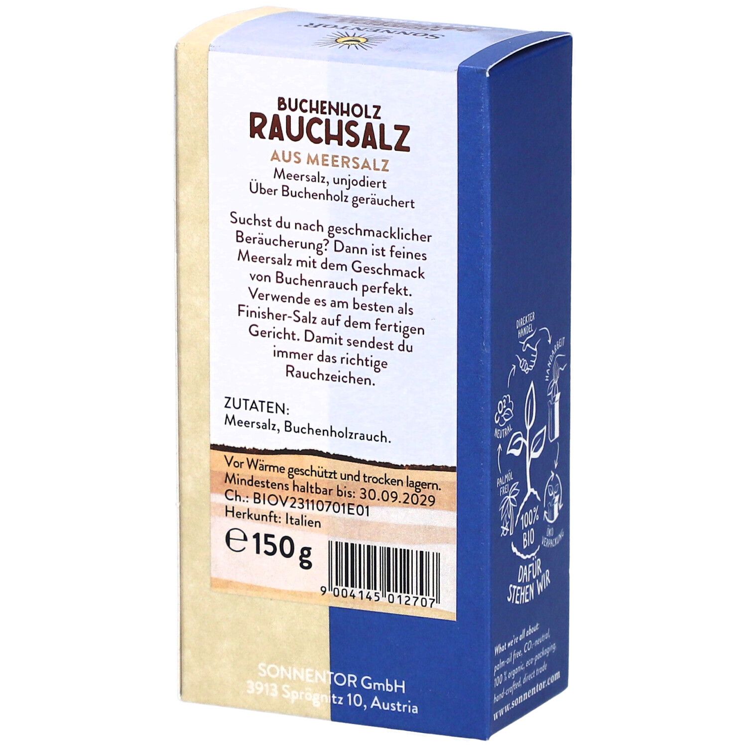 Dos de l'emballage du sel fumé SONNENTOR®. Texte : Sel fumé au bois de hêtre, ingrédients, date limite, origine, poids 150g.