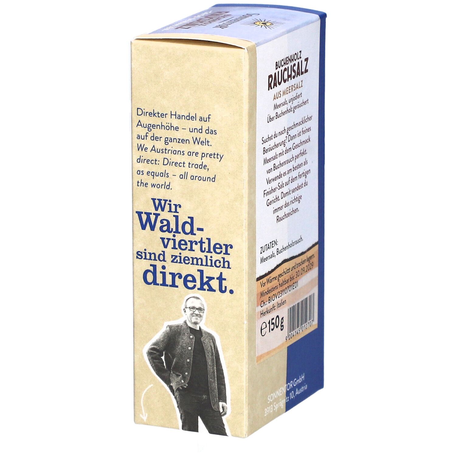 Côté de l'emballage du sel fumé SONNENTOR®. Texte : Sel fumé au bois de hêtre, ingrédients, date limite, origine, poids 150g.