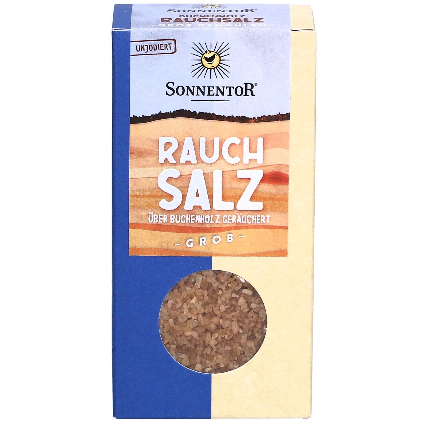 Boîte de sel fumé SONNENTOR®. Fenêtre montrant du sel grossier. Texte : Rauch Salz, fumé au bois de hêtre, grossier.
