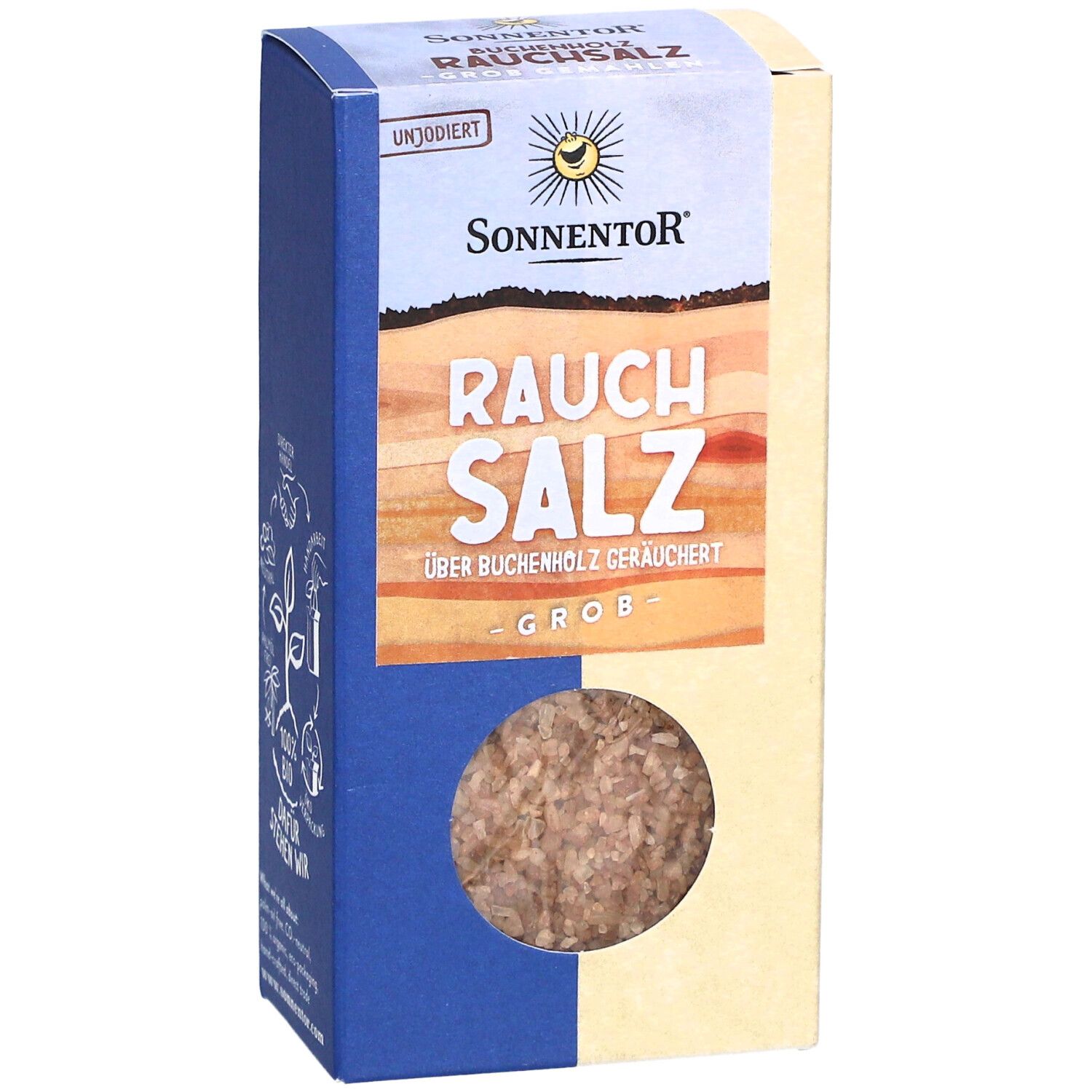 Boîte de sel fumé SONNENTOR®. Fenêtre montrant du sel grossier. Texte : Rauch Salz, fumé au bois de hêtre, grossier.