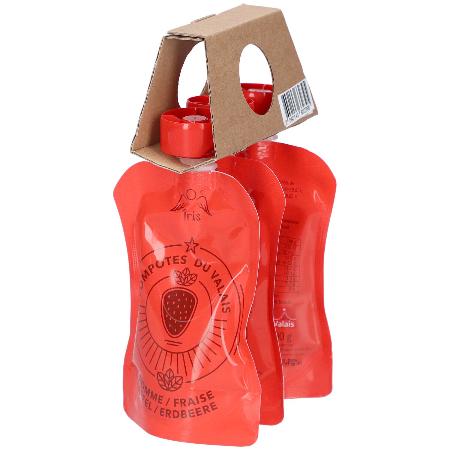 Packung mit drei roten Quetschbeuteln. Kartonhalterung mit roten Deckeln. Aufdruck: Apfel/Erdbeere.