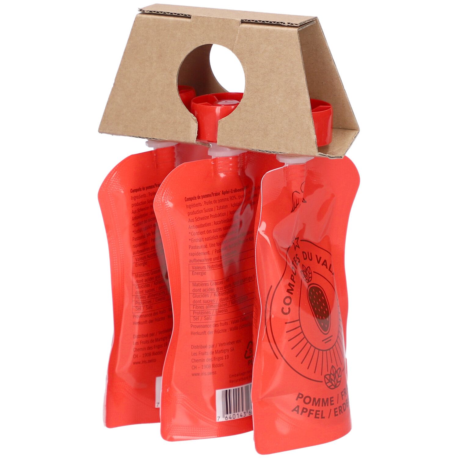 Packung mit drei roten Quetschbeuteln. Kartonhalterung mit roten Deckeln. Aufdruck: Apfel/Erdbeere.