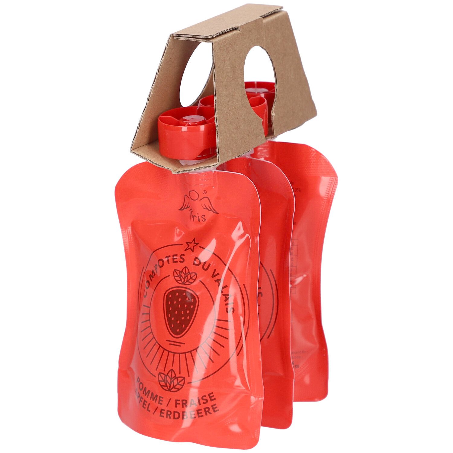 Packung mit drei roten Quetschbeuteln. Kartonhalterung mit roten Deckeln. Aufdruck: Apfel/Erdbeere.