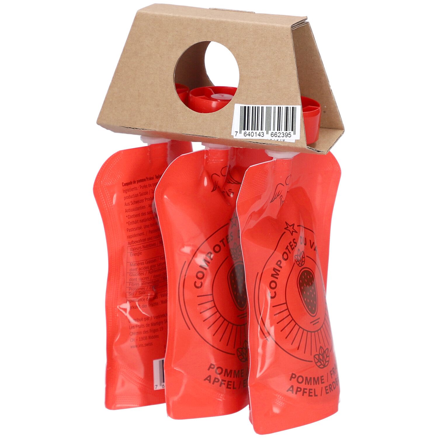 Packung mit drei roten Quetschbeuteln. Kartonhalterung mit roten Deckeln. Aufdruck: Apfel/Erdbeere.
