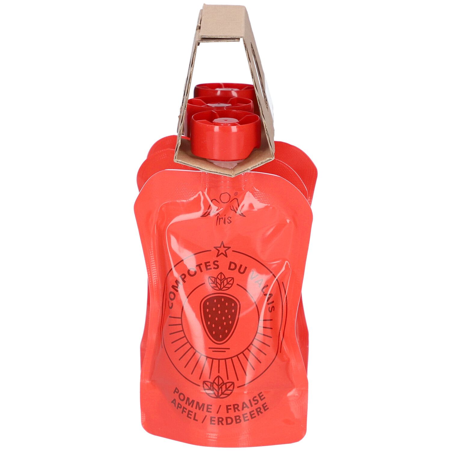 Packung mit drei roten Quetschbeuteln. Kartonhalterung mit roten Deckeln. Aufdruck: Apfel/Erdbeere.