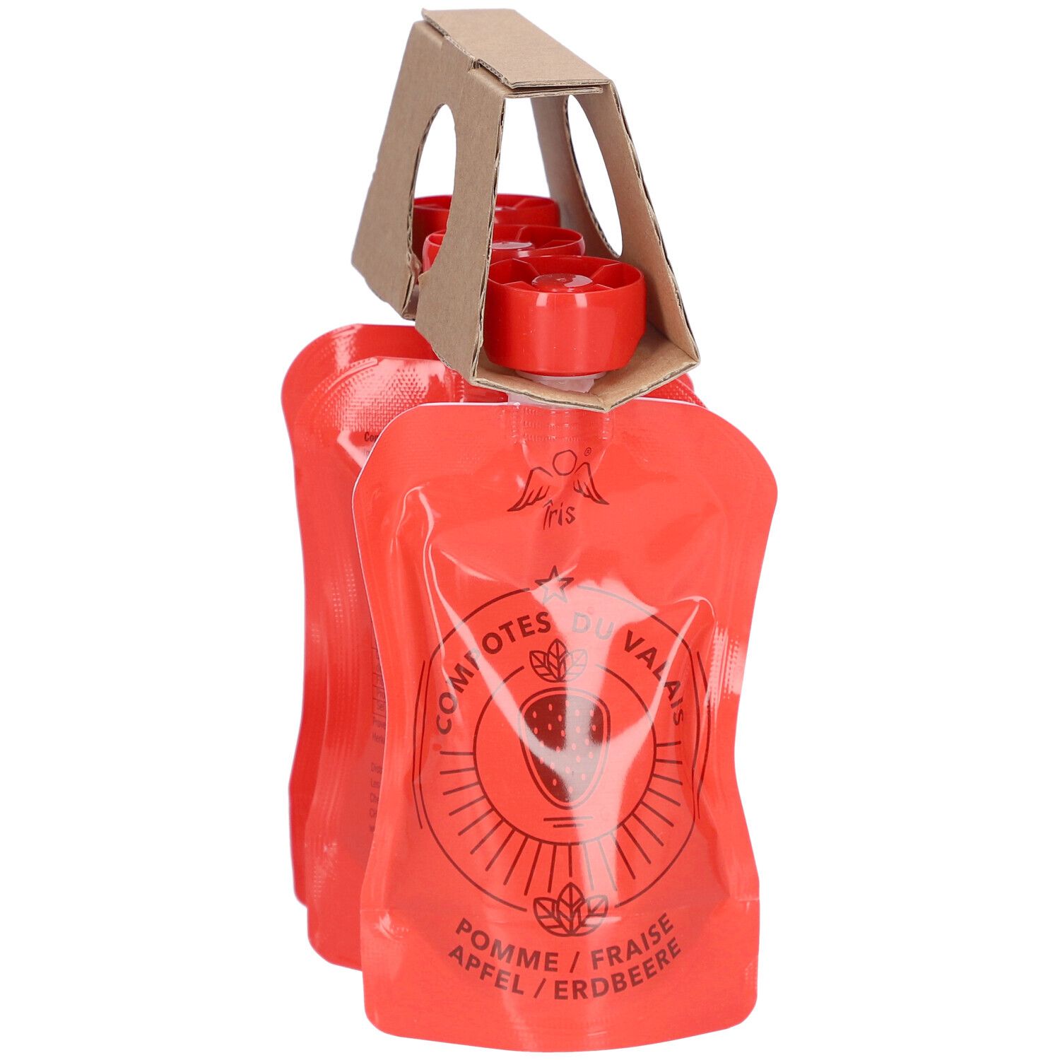Packung mit drei roten Quetschbeuteln. Kartonhalterung mit roten Deckeln. Aufdruck: Apfel/Erdbeere.