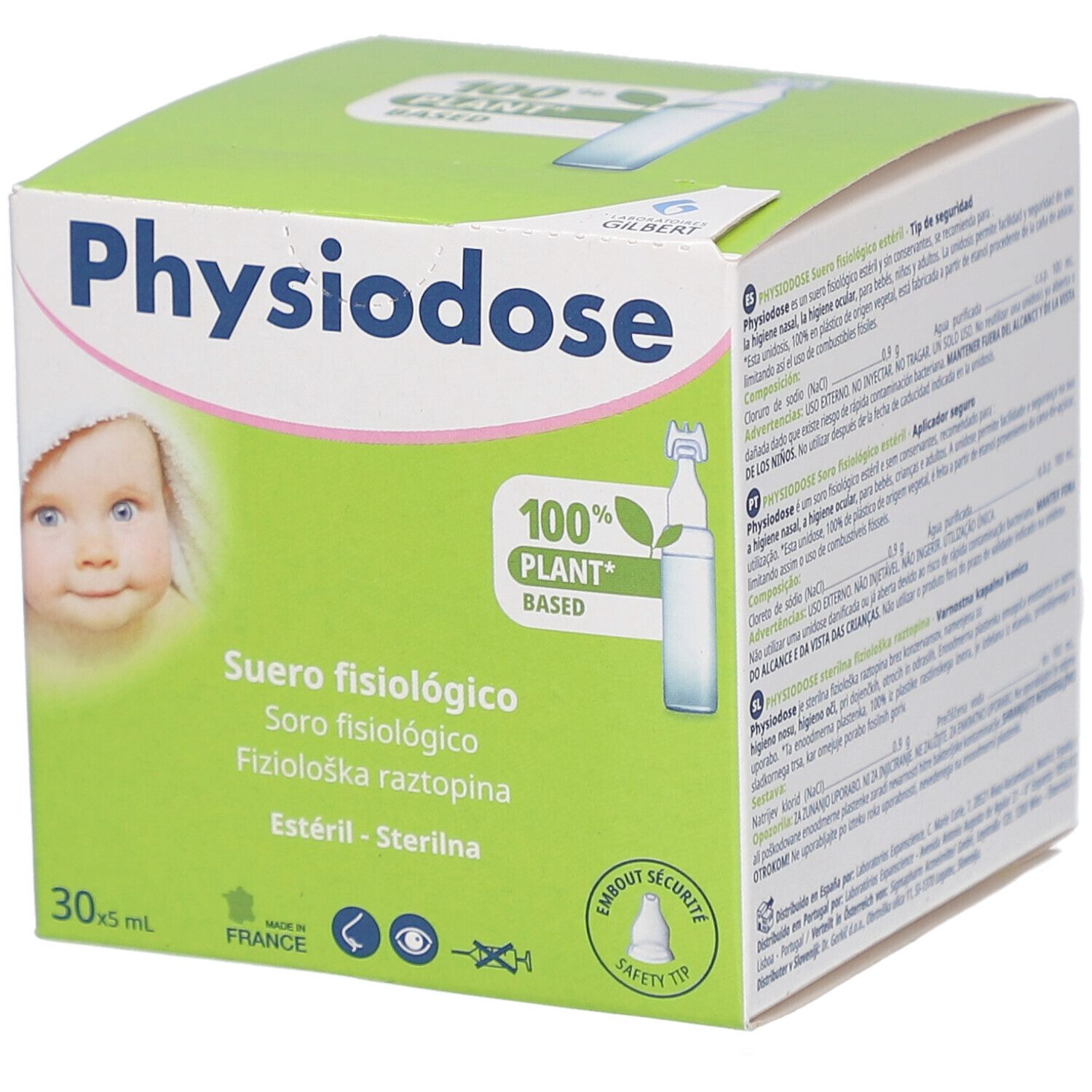Grüne Schachtel mit Baby-Illustration und Produktnamen Physiodose. Enthält 30 x 5 ml physiologische Kochsalzlösung. 100% pflanzlich.