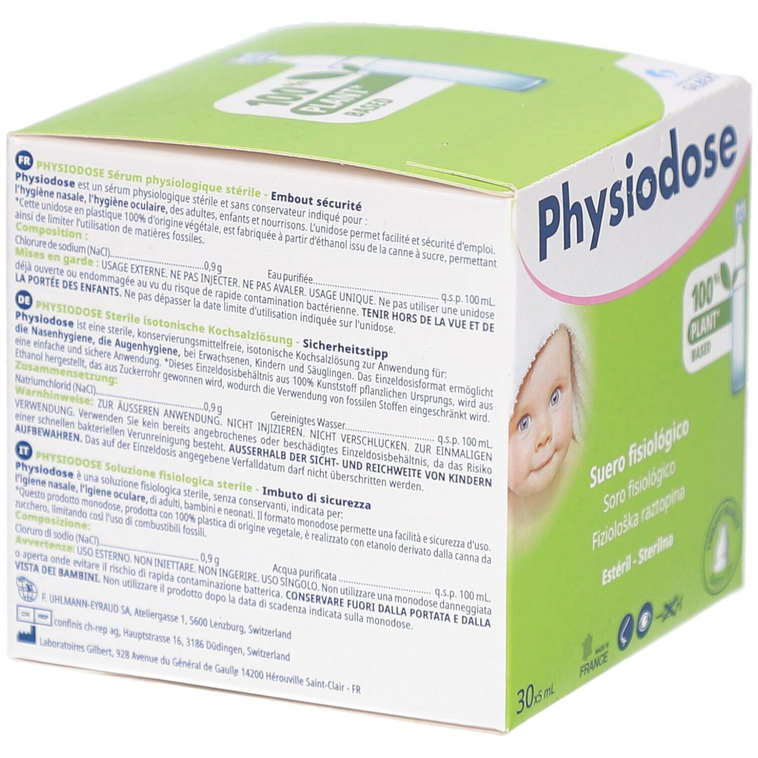Grüne Schachtel Physiodose mit Baby-Illustration und Text. Enthält 30 x 5 ml physiologische Kochsalzlösung. Text in mehreren Sprachen.