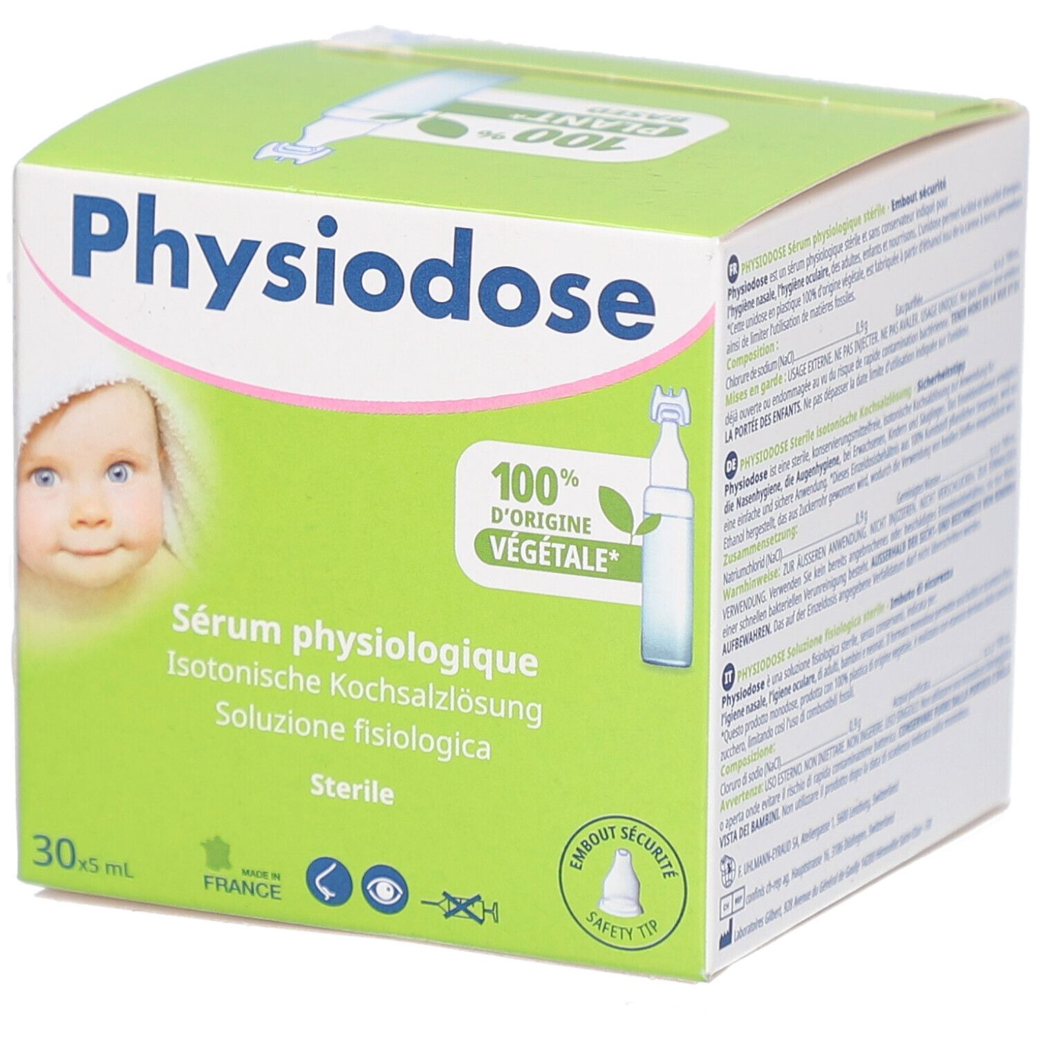 Grüne Schachtel Physiodose mit Baby-Illustration und Text. Enthält 30 x 5 ml physiologische Kochsalzlösung. 100% pflanzlich.
