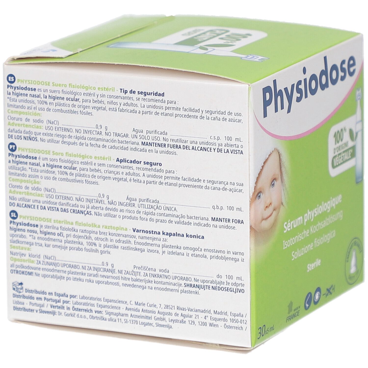 Grüne Schachtel Physiodose mit Baby-Illustration und Text. Enthält 30 x 5 ml physiologische Kochsalzlösung. 100% pflanzlich.