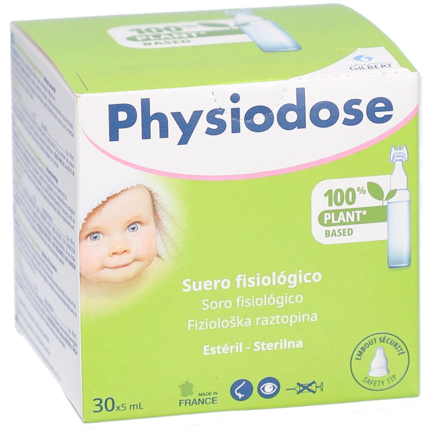 Grüne Schachtel Physiodose mit Baby-Illustration und Text. Enthält 30 x 5 ml physiologische Kochsalzlösung. 100% pflanzlich.
