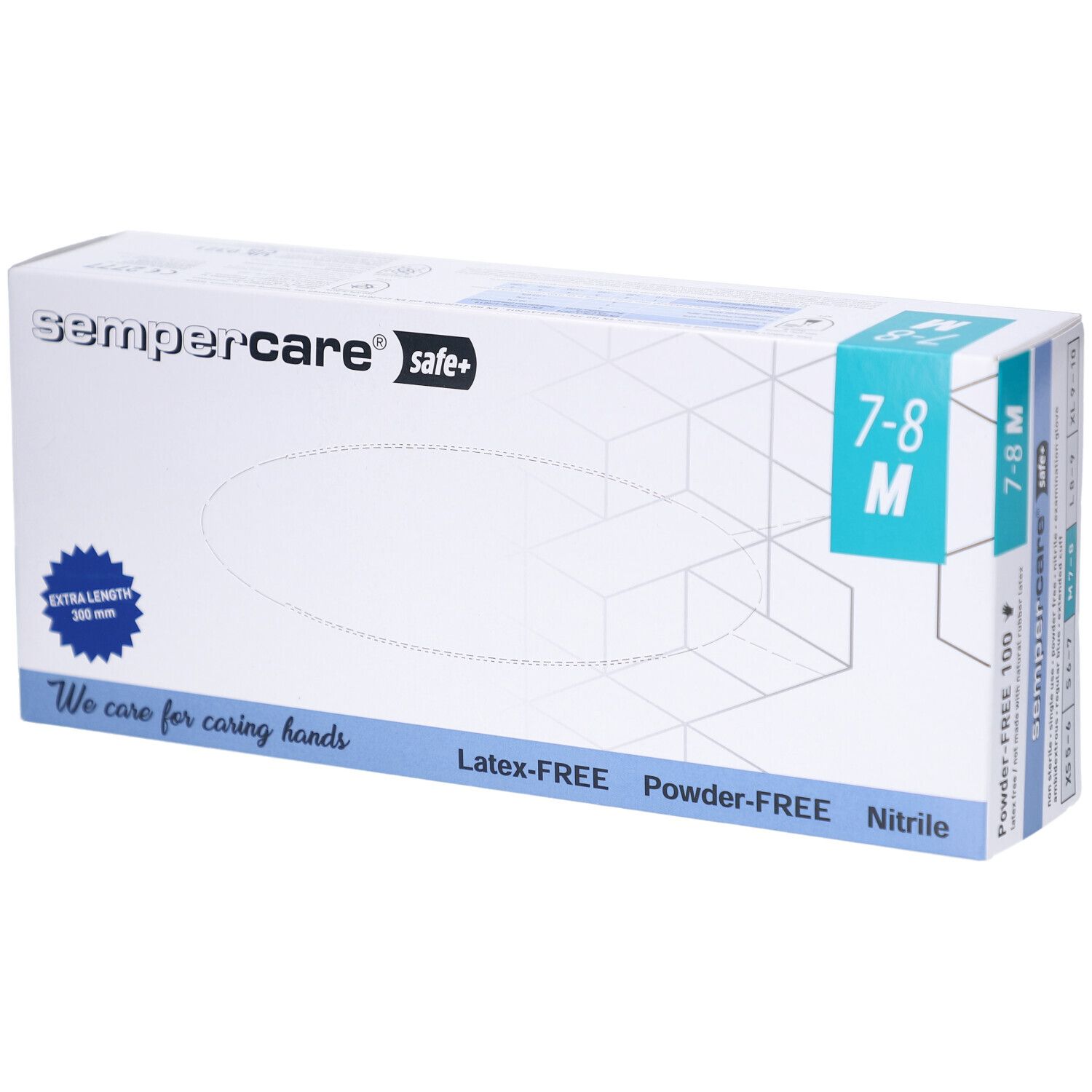 Boîte de gants sempercare safe+. Taille M 7-8. Sans latex, sans poudre, nitrile. Inscription bleue. Longueur 200mm.