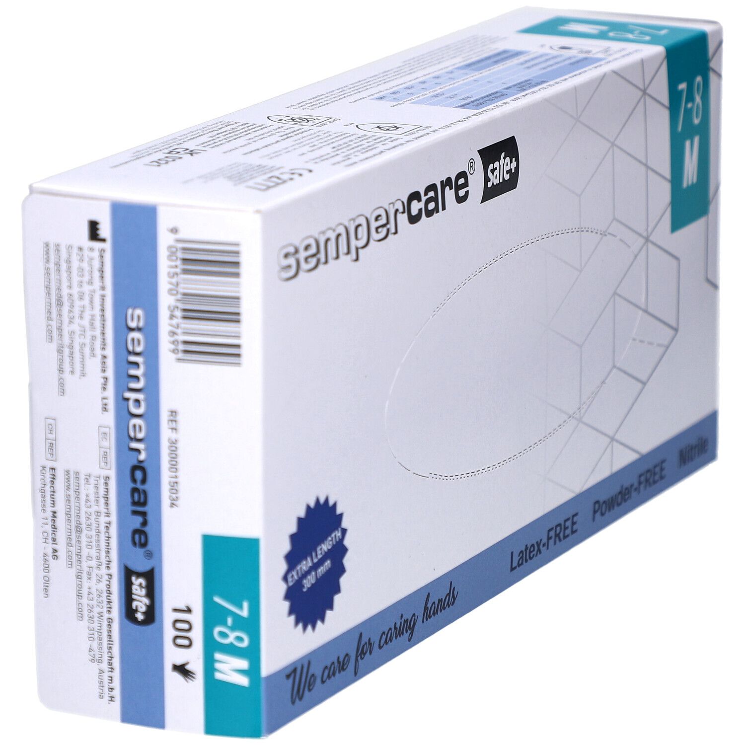 Boîte de gants sempercare safe+. Taille M 7-8. Sans latex, sans poudre, nitrile. 100 pièces. Inscription bleue.