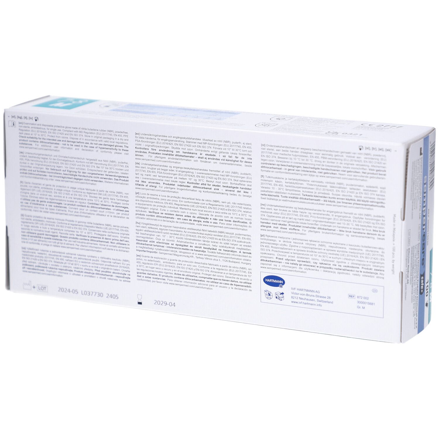 Dos de la boîte de gants. Texte multilingue. Informations fabricant et numéro de lot.