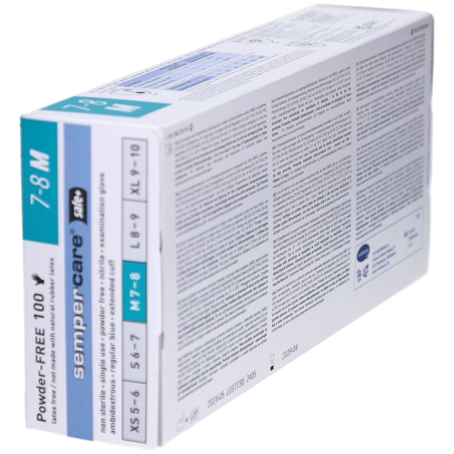 Côté de la boîte de gants. Tailles XS-XL. Marque sempercare safe+. Sans latex, sans poudre, nitrile.