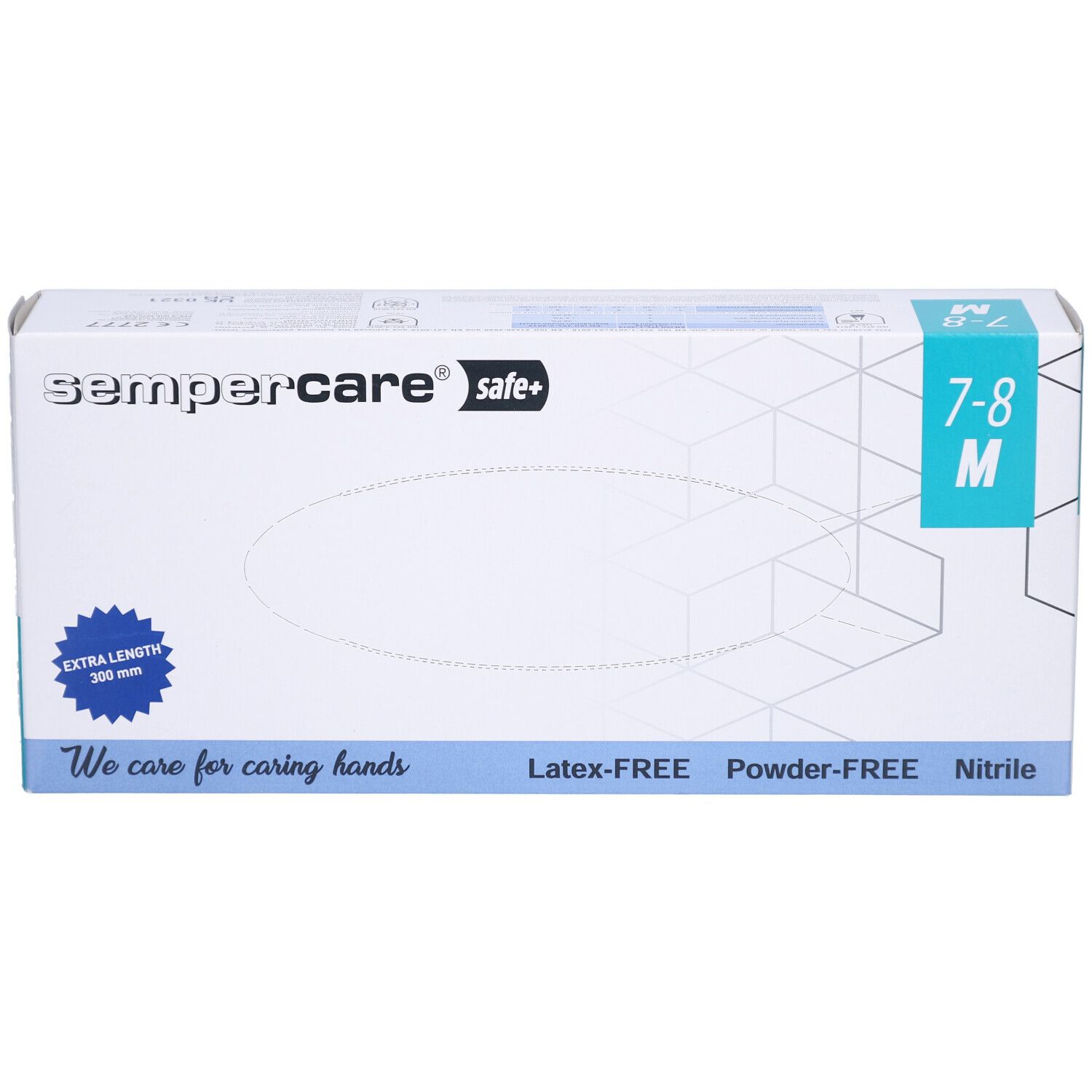 Boîte de gants sempercare safe+. Taille M 7-8. Sans latex, sans poudre, nitrile. Inscription bleue. Longueur 200mm.