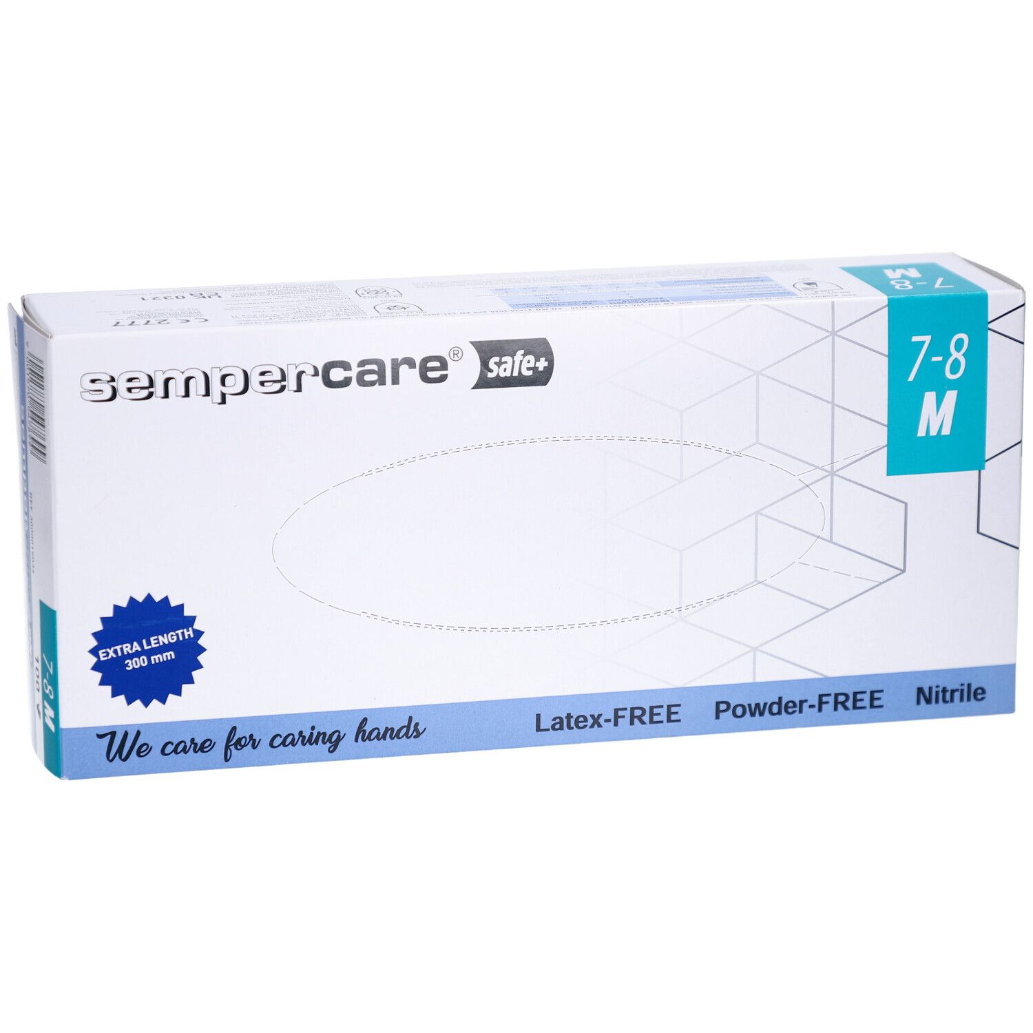 Boîte de gants sempercare safe+. Taille M 7-8. Sans latex, sans poudre, nitrile. Inscription bleue. Longueur 200mm.