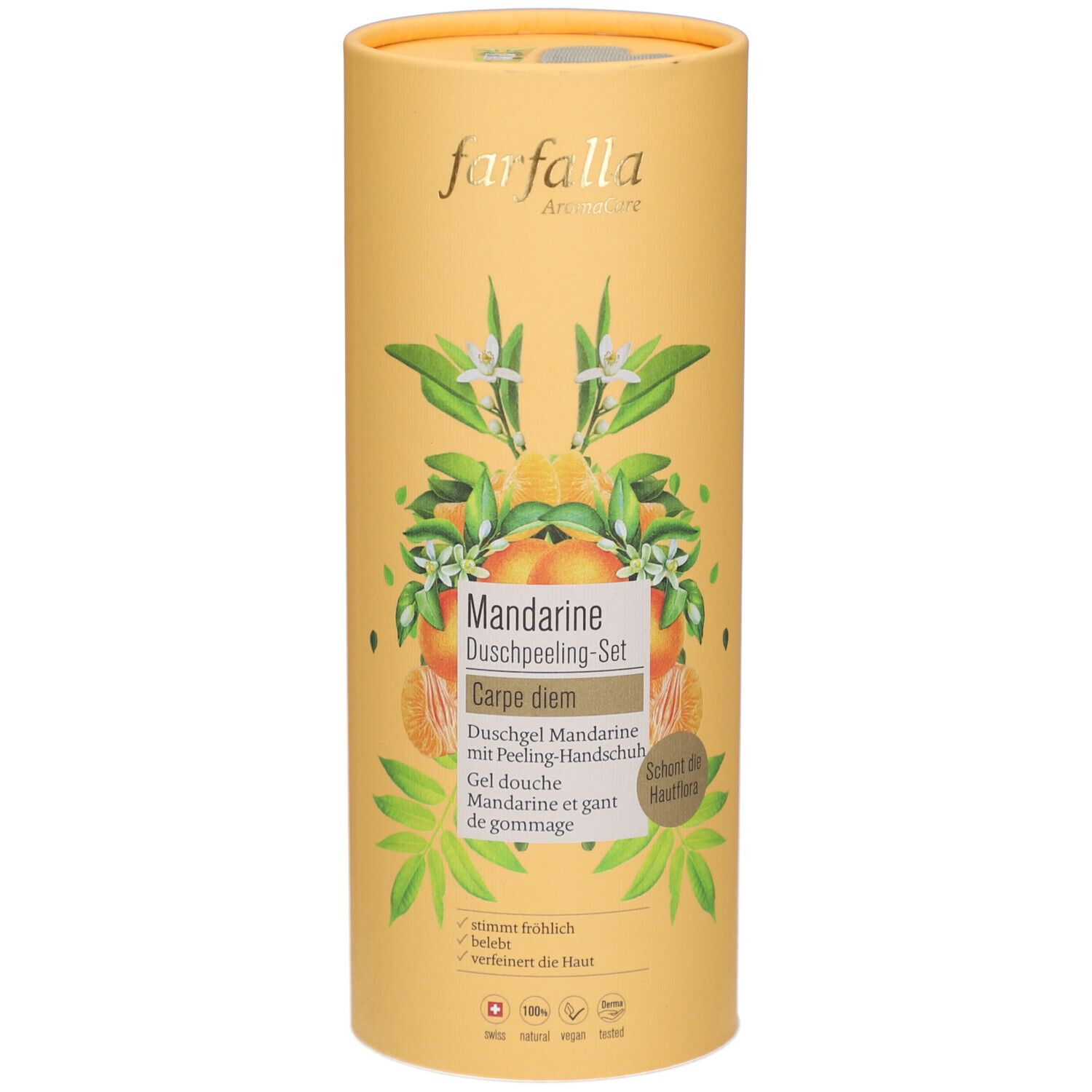 Zylindrische Verpackung, gelb. Farfalla-Logo. Mandarine Duschpeeling-Set. Illustrationen von Mandarinen und Blättern. Text in Deutsch und Französisch.