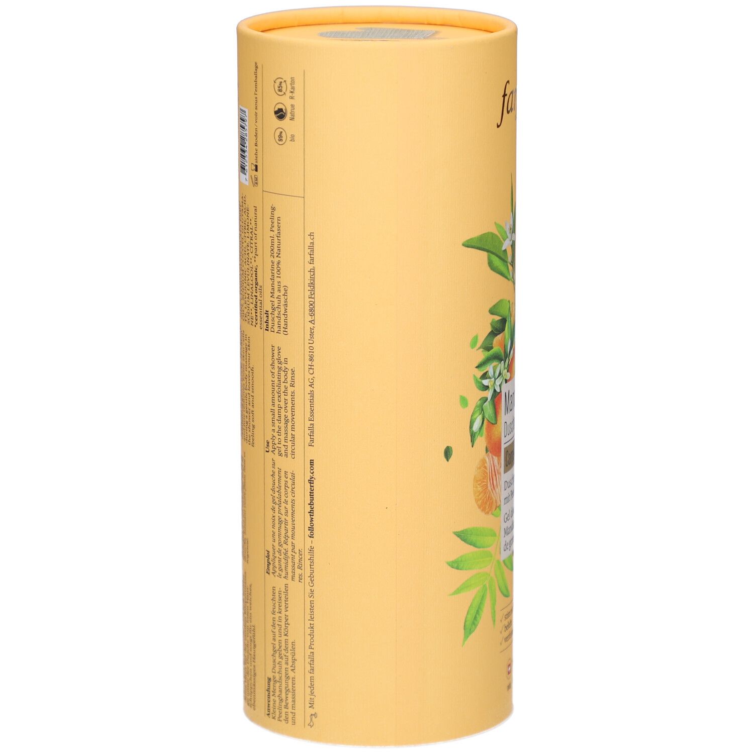 Gelbe zylindrische Verpackung. Text und Illustrationen auf der Seite. Informationen über Inhaltsstoffe und Hersteller.